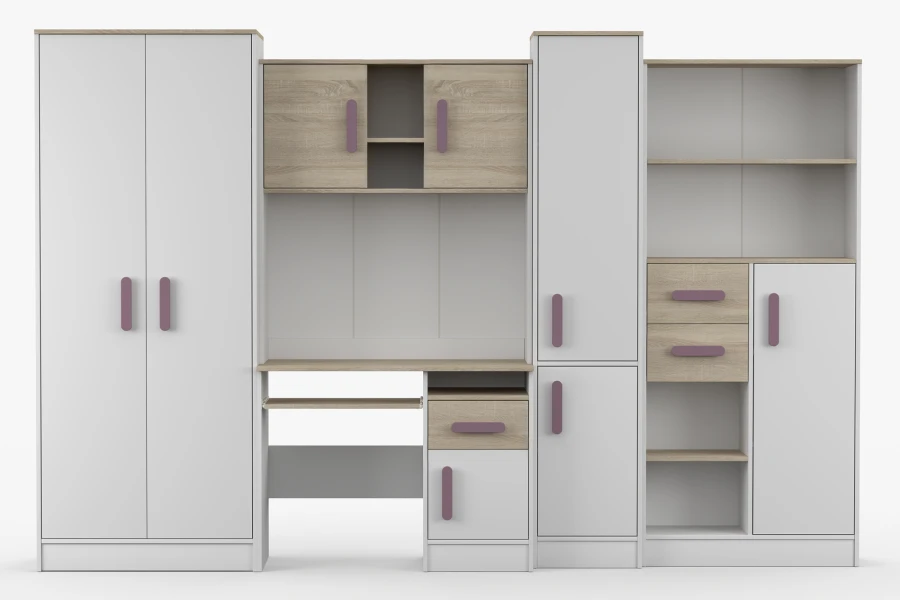Frontale Ansicht der Jugendzimmer-Schrankwand in Weiß und Eiche mit lila Griffen und funktionalem Design.