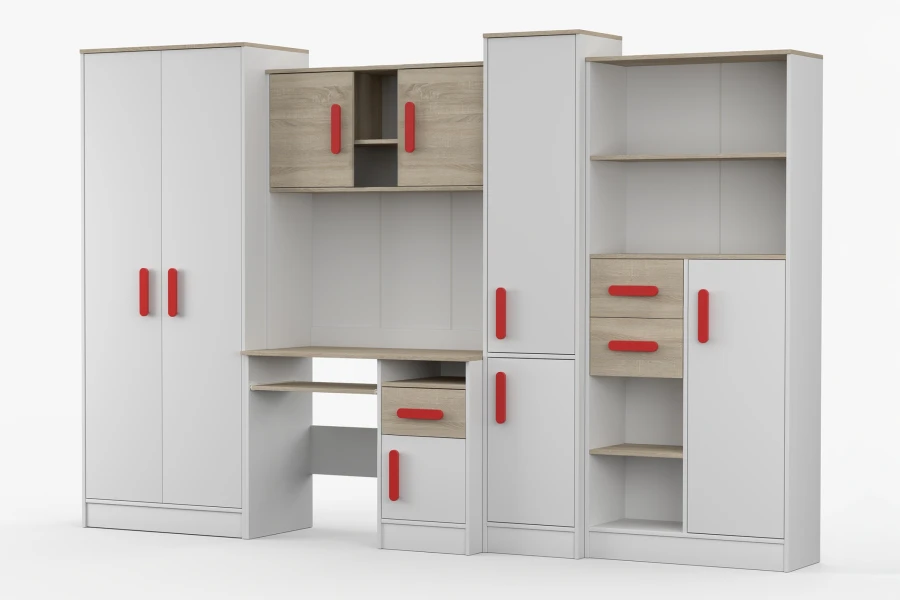 Modernes Kinderzimmer-Möbelset in Weiß und Eiche mit roten Griffen, inklusive Schreibtisch und Schrank.