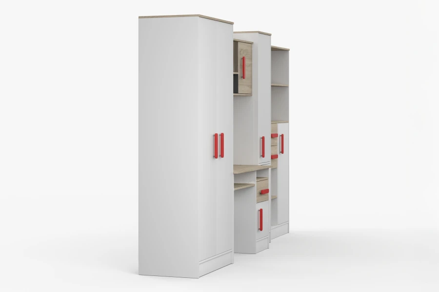 Modernes Jugendzimmer Möbelset in Weiß & Eiche, Kleiderschrank und Schreibtisch mit roten Griffen, Seitenansicht.