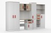 Kinderzimmer Möbel-Kombination mit Schrank, Schreibtisch & Regalen, Weiß-Eiche-Optik, schräge Ansicht.