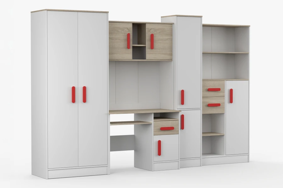 Kinderzimmer Möbel-Kombination mit Schrank, Schreibtisch & Regalen, Weiß-Eiche-Optik, schräge Ansicht.