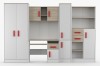 Jugendzimmer Set komplett: Kleiderschrank, Schreibtisch & Regalwand in Weiß und Eiche, Frontansicht.