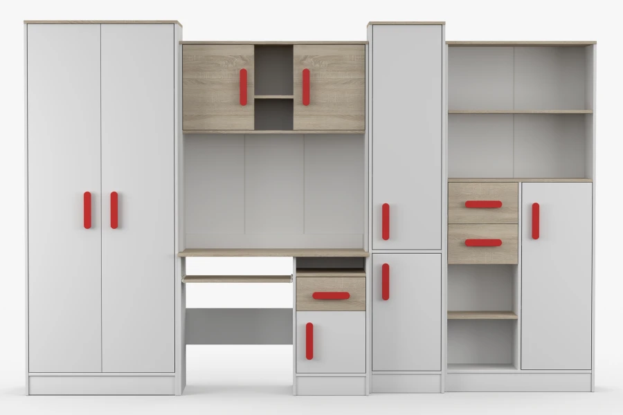 Jugendzimmer Set komplett: Kleiderschrank, Schreibtisch & Regalwand in Weiß und Eiche, Frontansicht.