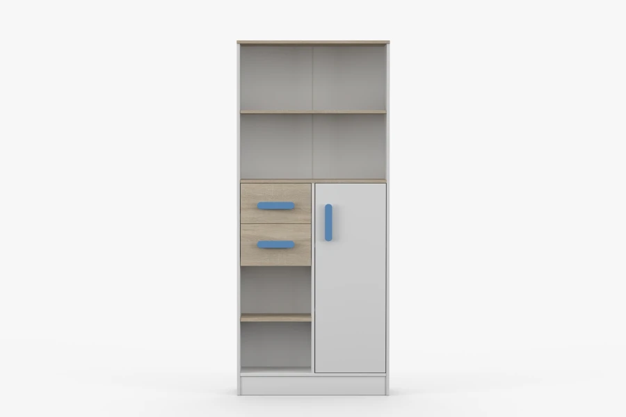Modernes Regal für Kinderzimmer in Weiß/Blau mit Schubladen und viel Stauraum.