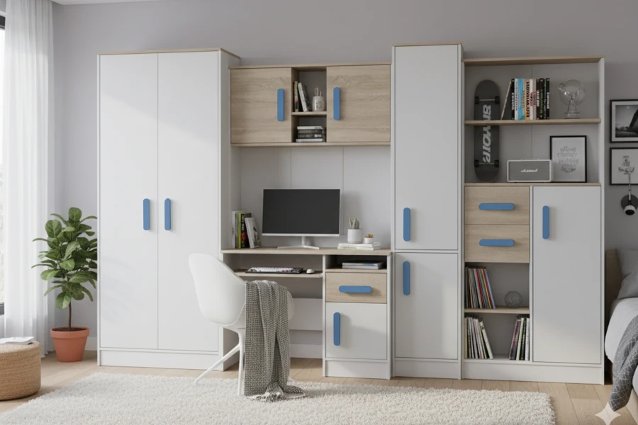 Jugendzimmer-Möbelset in Weiß und Eichenholz-Optik mit blauen Griffen, Schreibtisch-Kombination und Schrank.