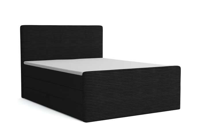 Schwarzes Boxspringbett aus Cordstoff mit hohem Kopfteil, freigestellt auf weißem Hintergrund.
