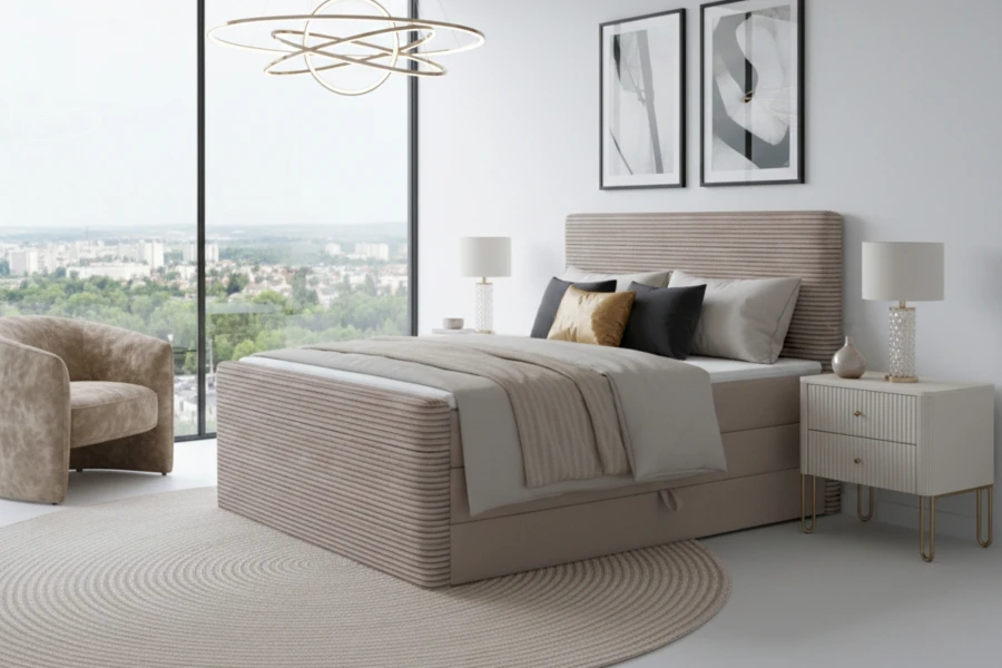 Beiges Boxspringbett mit Rippenstruktur in modernem Schlafzimmer-Ambiente.