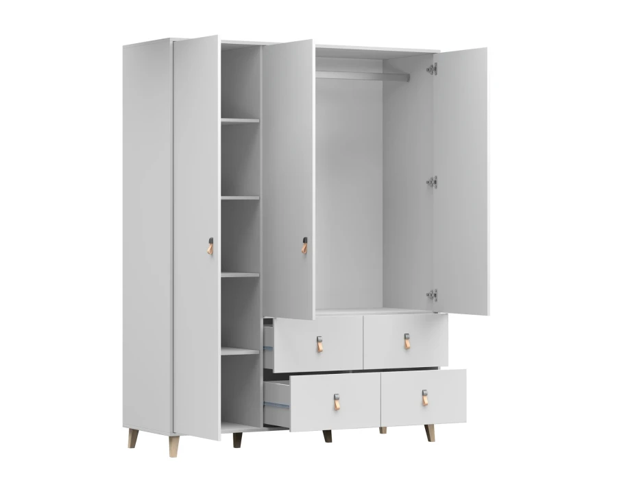 Weißer Kleiderschrank mit Ledergriffen, offenen Türen und Schubladen im Skandi-Stil.
