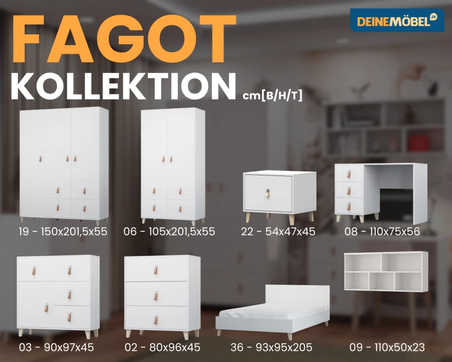 Maßtabelle der FAGOT Möbelkollektion: Kleiderschränke, Kommoden, Bett und Schreibtisch.