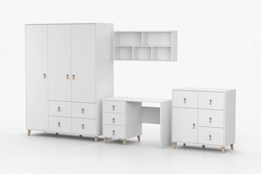 Skandinavisches Möbelset in Weiß mit Kleiderschrank, Schreibtisch, Regal und Kommode.