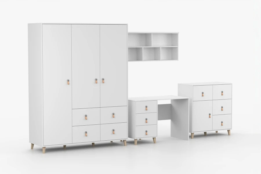 Weißes Möbelset für Jugendzimmer: Kleiderschrank, Schreibtisch, Wandregal und Kommode im Scandi-Look.