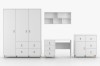 Frontalansicht weißes Jugendzimmer-Set: Kleiderschrank, Schreibtisch mit Schubladen und Kommode.