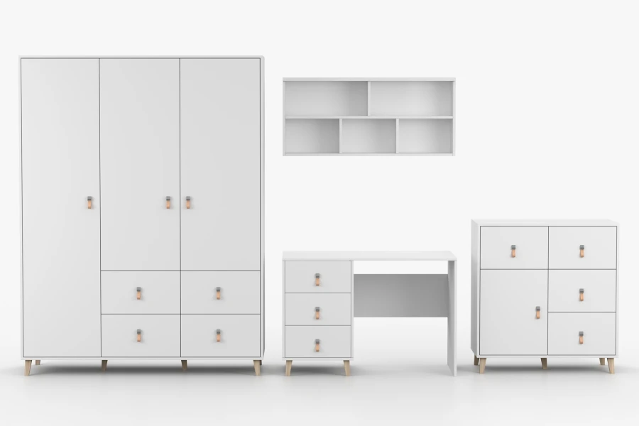 Frontalansicht weißes Jugendzimmer-Set: Kleiderschrank, Schreibtisch mit Schubladen und Kommode.