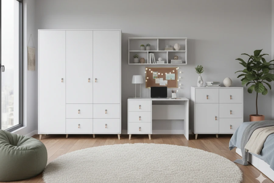 Helles Kinderzimmer mit weißen Möbeln, großem Fenster, rundem Teppich und grünem Sitzsack.
