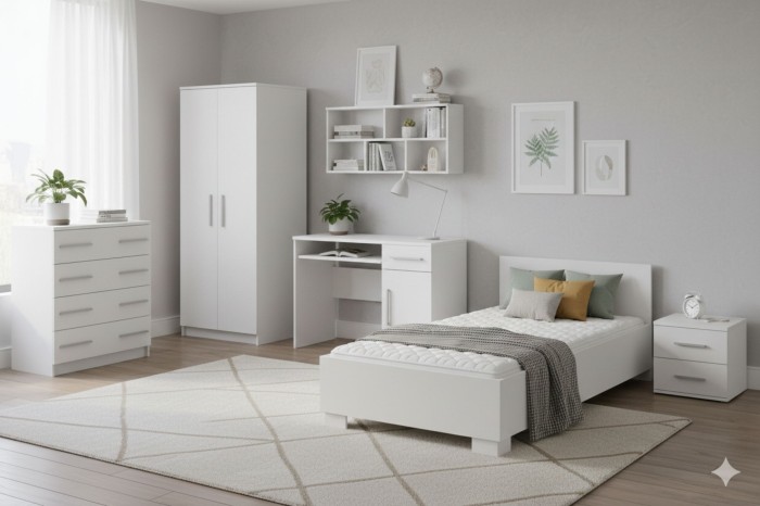 Modernes weißes Jugendzimmer-Set mit Bett, Schreibtisch und Kleiderschrank in hellem Design.