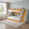 Modernes weiß-oranges Etagenbett mit Treppe und Stauraum im Kinderzimmer.