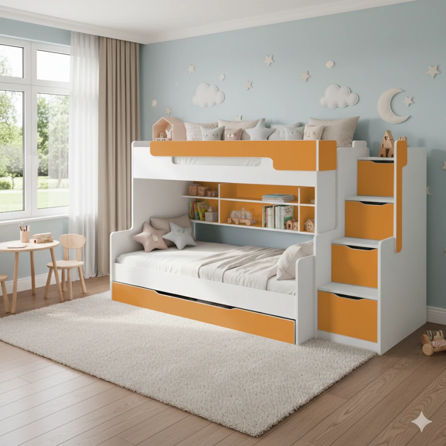 Modernes weiß-oranges Etagenbett mit Treppe und Stauraum im Kinderzimmer.