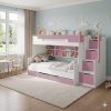 Weiß-rosa Hochbett für Kinder mit integrierten Regalen und Treppenstufen-Schubladen.