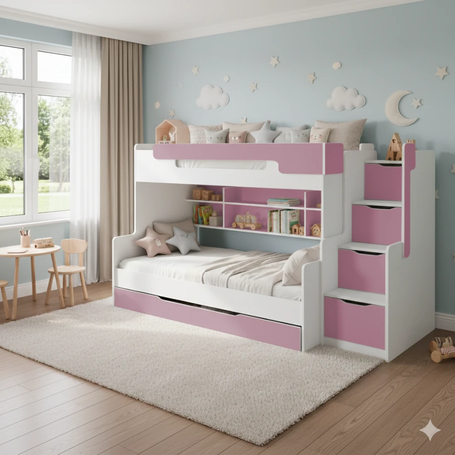 Weiß-rosa Hochbett für Kinder mit integrierten Regalen und Treppenstufen-Schubladen.
