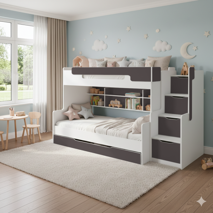 Modernes Kinderbett in Weiß und Grau mit Treppe, Schubladen und Bettkasten für Ordnung.