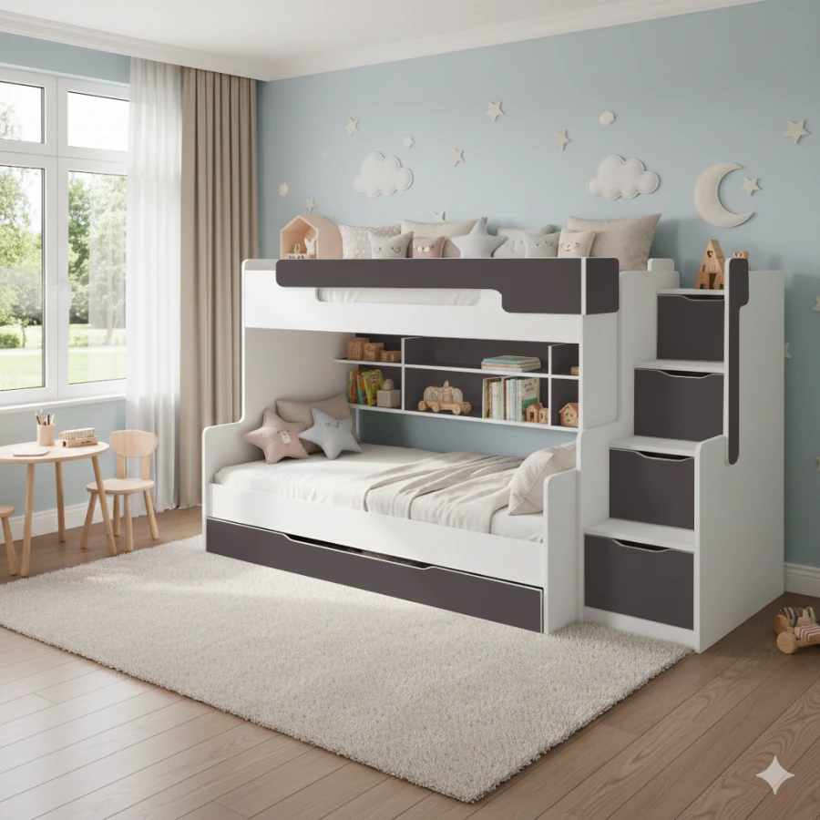 Modernes Kinderbett in Weiß und Grau mit Treppe, Schubladen und Bettkasten für Ordnung.