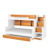 Kinder-Etagenbett in Weiß und Orange mit Treppenregal und ausziehbarer Bettschublade.