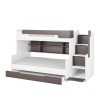 Hochbett für Kinder in Weiß und Grau mit integriertem Stauraum und funktionaler Treppe.
