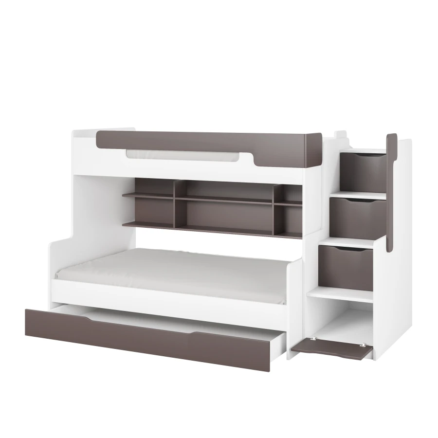 Hochbett für Kinder in Weiß und Grau mit integriertem Stauraum und funktionaler Treppe.