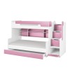 Modernes Etagenbett in Weiß und Rosa mit praktischer Treppe und viel Stauraum für Kinder.