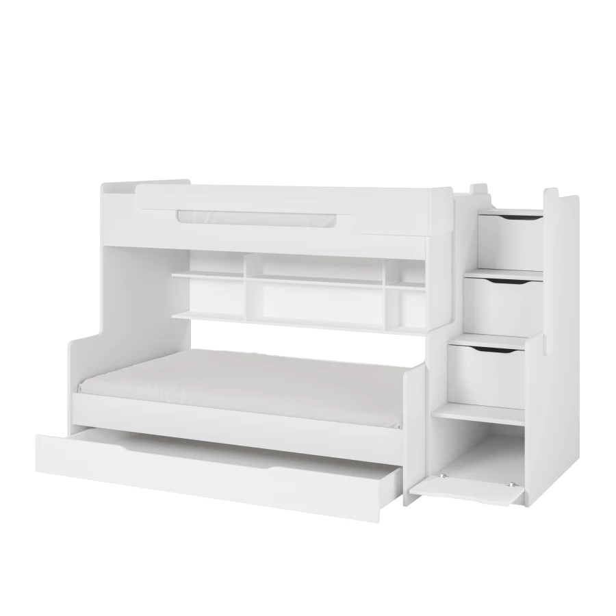 Weißes Etagenbett mit Treppe, Regalen und Bettschublade, ideal für das Kinderzimmer.