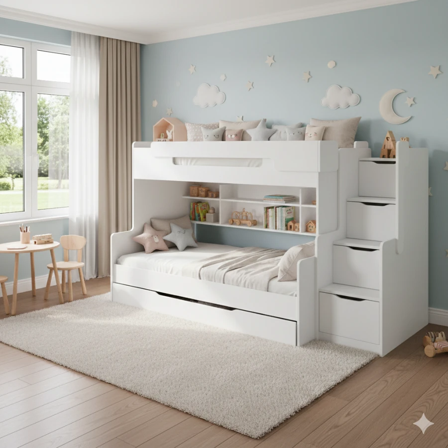 Gemütliches Kinderzimmer mit weißem Etagenbett, Treppe und viel Stauraum für Spielzeug.
