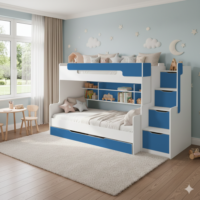 Modernes Kinder-Etagenbett in Weiß und Blau mit praktischen Stufen-Schubladen und Regalfach.
