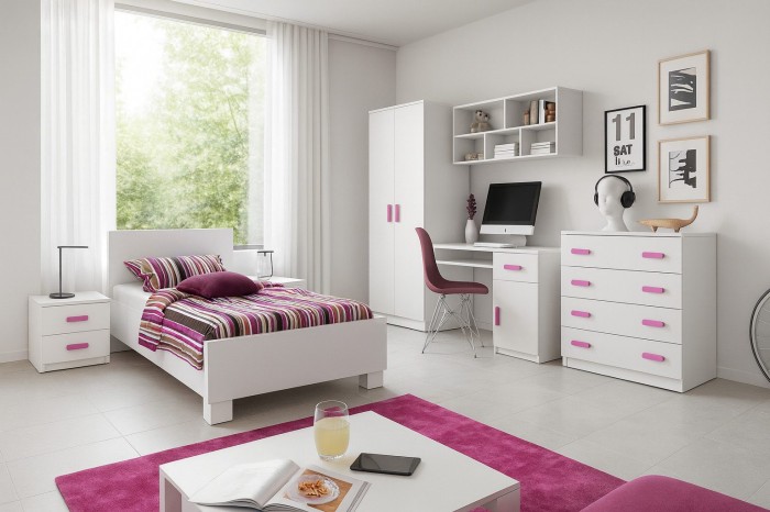 Modernes Jugendzimmer-Set in Weiß mit pinken Akzenten, inklusive Bett, Schreibtisch und Kleiderschrank.