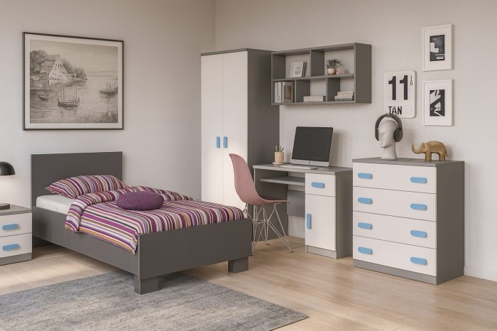 Modernes Jugendzimmer-Set in Grau und Weiß mit blauen Griffen, inklusive Bett und Schreibtisch.
