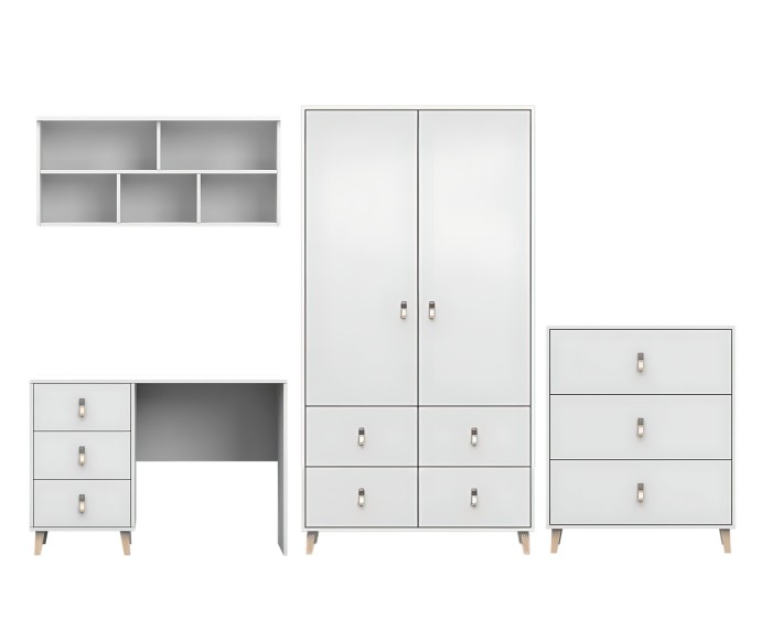 Skandinavische Möbel in Weiß: Set aus Schrank, Kommode, Schreibtisch und Wandregal mit hellen Holzfüßen.