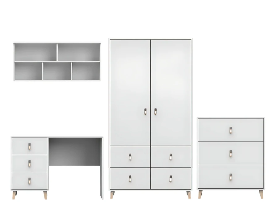 Skandinavische Möbel in Weiß: Set aus Schrank, Kommode, Schreibtisch und Wandregal mit hellen Holzfüßen.