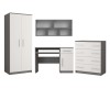 Modern youth room set in grey and white: wardrobe, desk, wall shelf and chest of drawers.