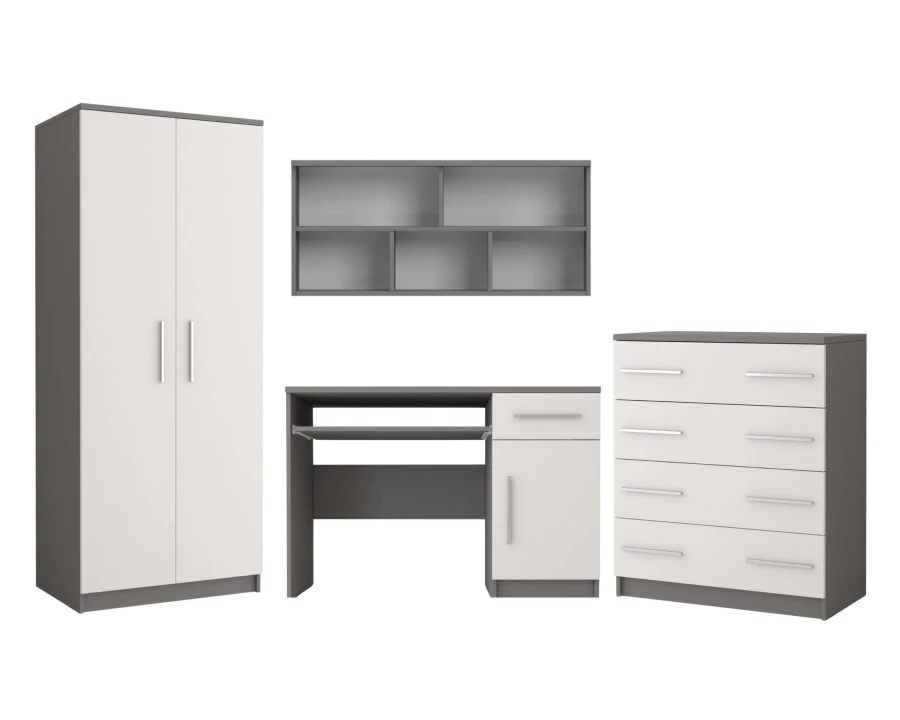Moderne tienerkamer-set in grijs en wit: kledingkast, bureau, wandrek en commode.
