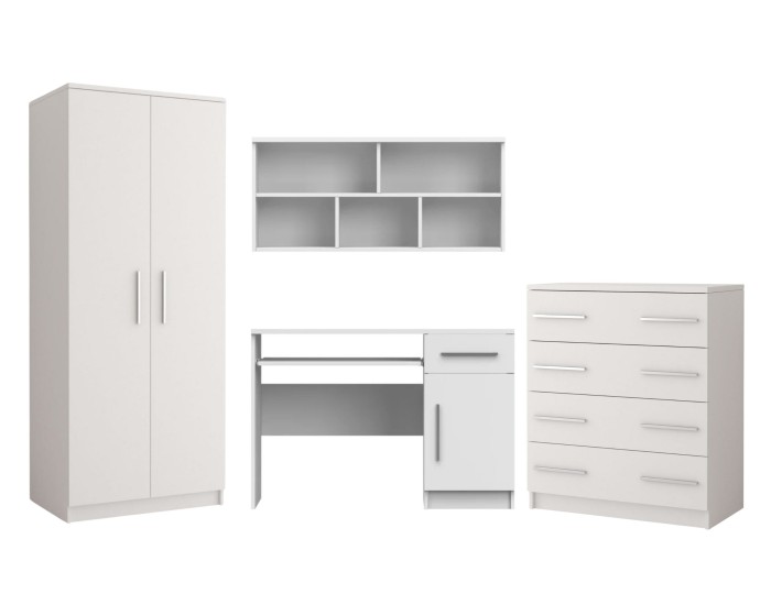 Komplettes Möbel-Set für Jugendzimmer in Weiß mit Kleiderschrank, Schreibtisch und Kommode.