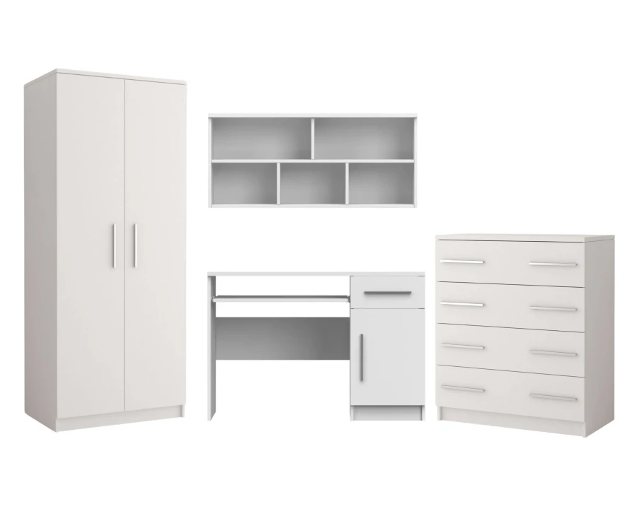 Komplettes Möbel-Set für Jugendzimmer in Weiß mit Kleiderschrank, Schreibtisch und Kommode.