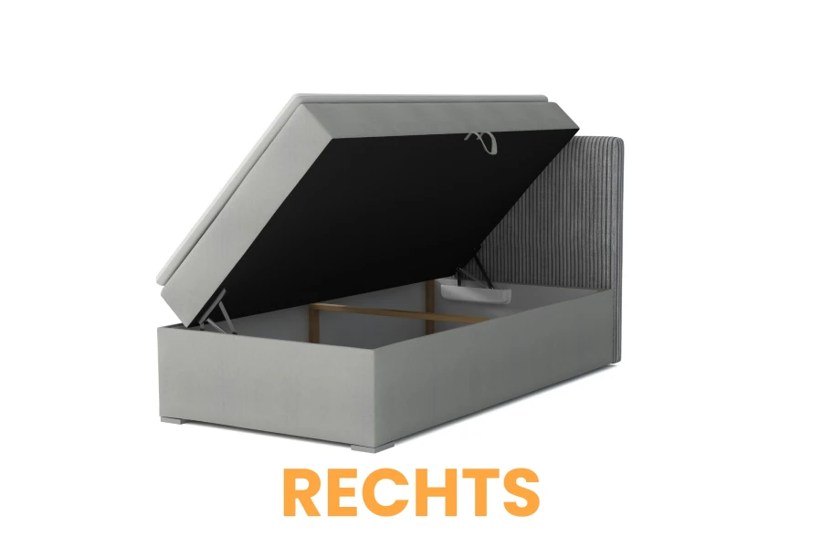 Hellgraues Boxspringbett mit offenem Stauraum, Öffnung rechts.