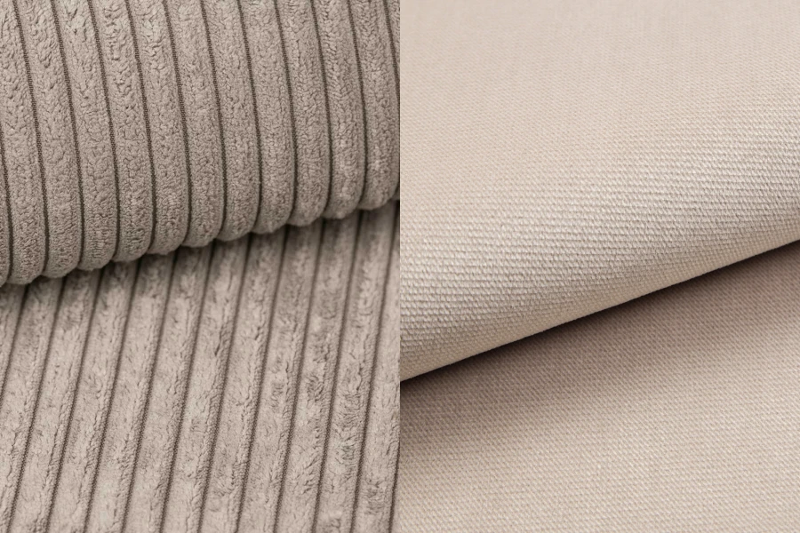 Nahaufnahme der Stoffe: Rippenstruktur aus Cord und glatter Webstoff in Beige für Polstermöbel.