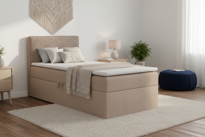 Beige Boxspringbett mit Cord-Stoff im modernen Schlafzimmer-Ambiente für erholsamen Schlaf.