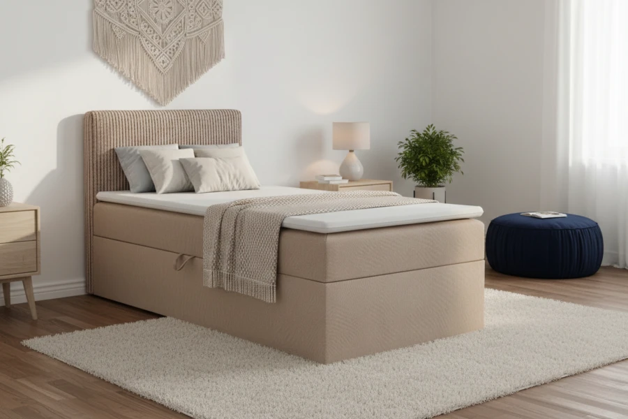 Beige Boxspringbett mit Cord-Stoff im modernen Schlafzimmer-Ambiente für erholsamen Schlaf.