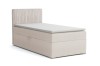 Beige boxspringbed met cord-hoofdbord en matras-topper, eenpersoonsbed op witte achtergrond.