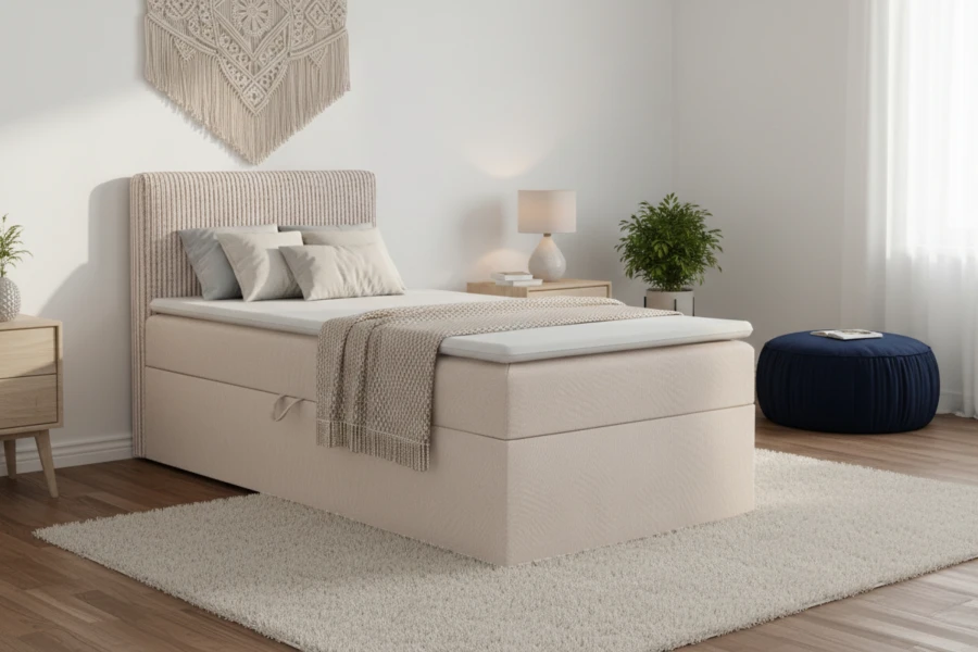 Modernes Schlafzimmer mit beigem Boxspring-Einzelbett, Cord-Kopfteil und gemütlicher Deko.