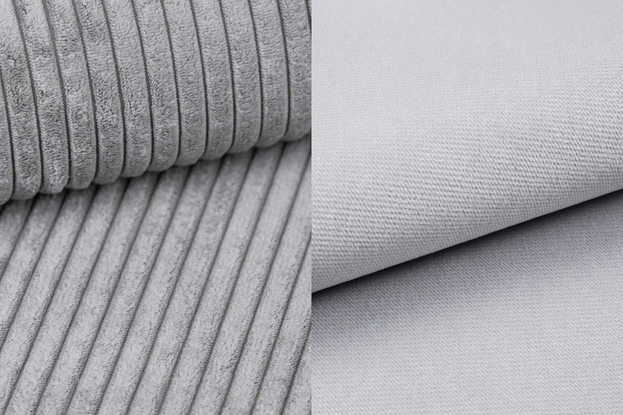 Nahaufnahme grauer Polsterstoffe: Kombination aus Cord-Optik und feinem Webtextil.