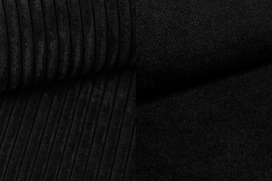 Stoffdetails in Schwarz: Nahaufnahme von Cord-Struktur und glattem Möbelstoff.