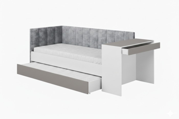 Weißes Funktionsbett mit grauem Polsterkopfteil, Ausziehbett und integriertem Schreibtisch.