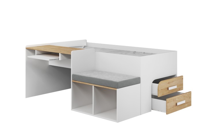 Kompaktes Hochbett-Set mit Schreibtisch, Stauraum und gemütlicher Sitzgelegenheit.